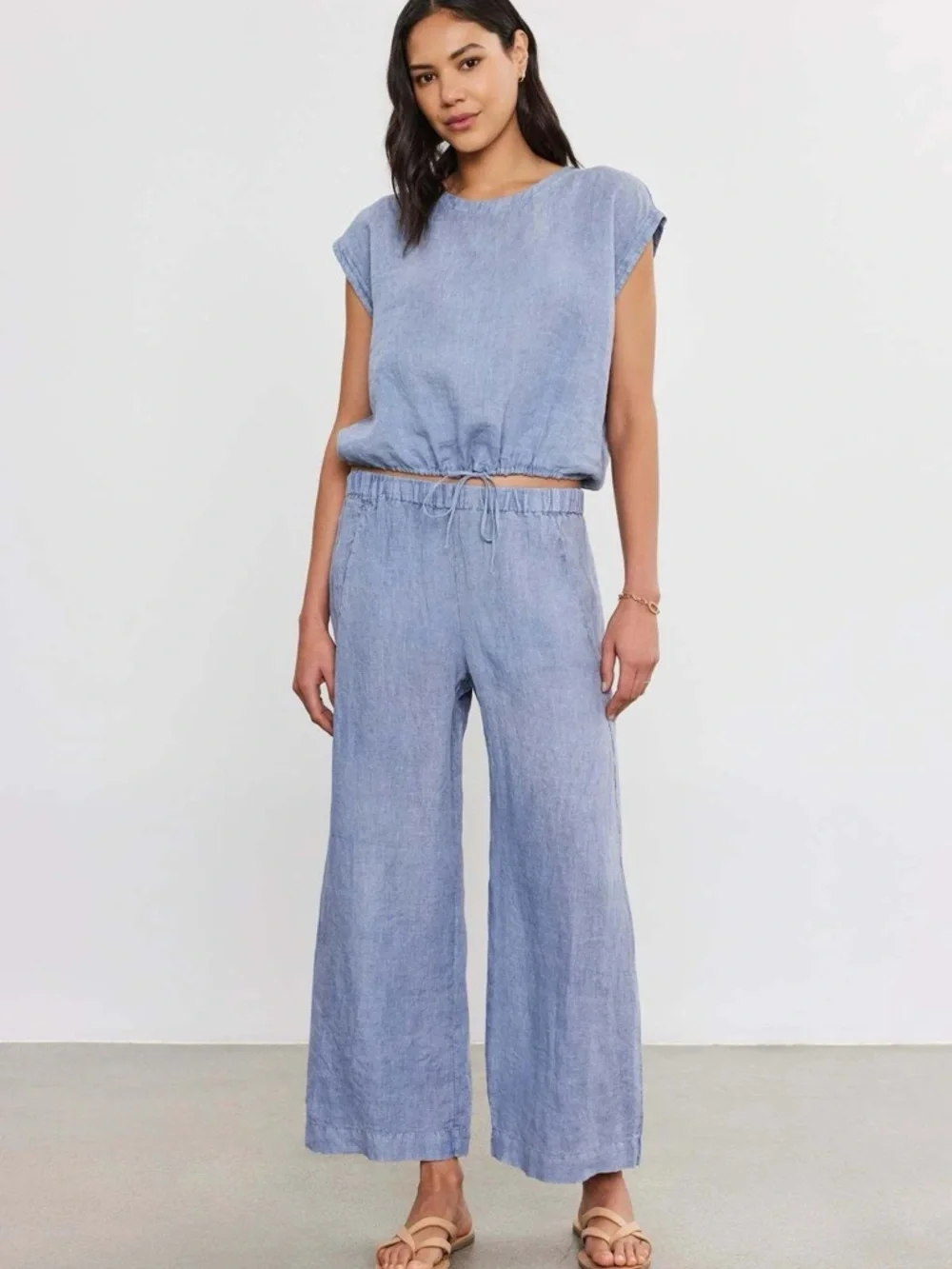 Two-Piece Blue Gray Linen-Blend Top and Pants Set - Picture 7 of 7